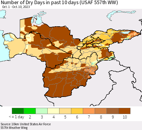 Central Asia Number of Dry Days in past 10 days (USAF 557th WW) Thematic Map For 10/6/2023 - 10/10/2023