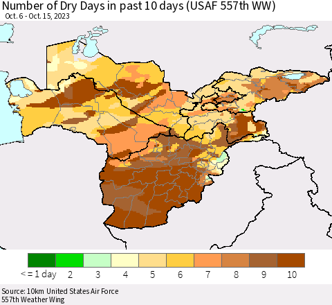 Central Asia Number of Dry Days in past 10 days (USAF 557th WW) Thematic Map For 10/11/2023 - 10/15/2023