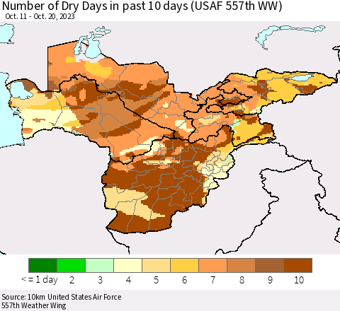 Central Asia Number of Dry Days in past 10 days (USAF 557th WW) Thematic Map For 10/16/2023 - 10/20/2023