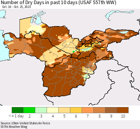 Central Asia Number of Dry Days in past 10 days (USAF 557th WW) Thematic Map For 10/21/2023 - 10/25/2023