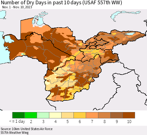 Central Asia Number of Dry Days in past 10 days (USAF 557th WW) Thematic Map For 11/6/2023 - 11/10/2023