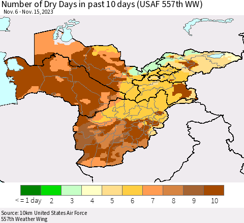Central Asia Number of Dry Days in past 10 days (USAF 557th WW) Thematic Map For 11/11/2023 - 11/15/2023