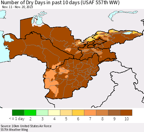 Central Asia Number of Dry Days in past 10 days (USAF 557th WW) Thematic Map For 11/16/2023 - 11/20/2023