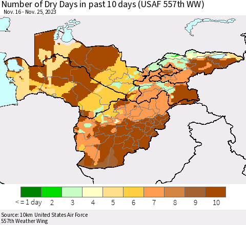 Central Asia Number of Dry Days in past 10 days (USAF 557th WW) Thematic Map For 11/21/2023 - 11/25/2023