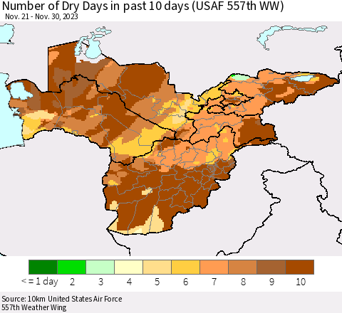 Central Asia Number of Dry Days in past 10 days (USAF 557th WW) Thematic Map For 11/26/2023 - 11/30/2023