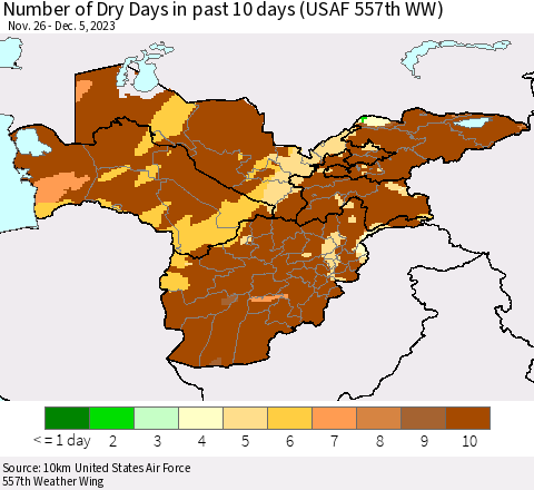 Central Asia Number of Dry Days in past 10 days (USAF 557th WW) Thematic Map For 12/1/2023 - 12/5/2023