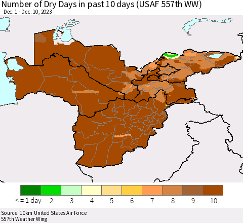 Central Asia Number of Dry Days in past 10 days (USAF 557th WW) Thematic Map For 12/6/2023 - 12/10/2023