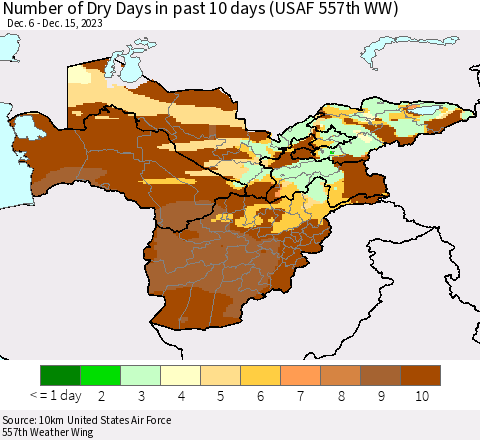 Central Asia Number of Dry Days in past 10 days (USAF 557th WW) Thematic Map For 12/11/2023 - 12/15/2023