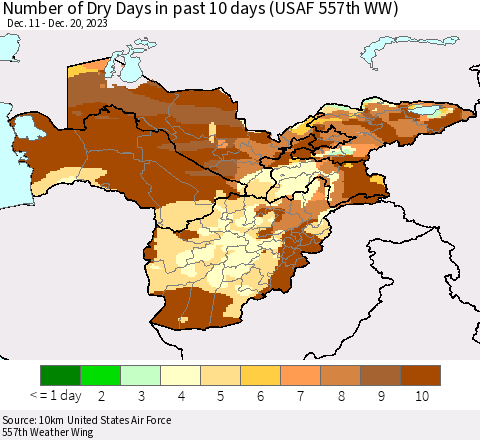 Central Asia Number of Dry Days in past 10 days (USAF 557th WW) Thematic Map For 12/16/2023 - 12/20/2023