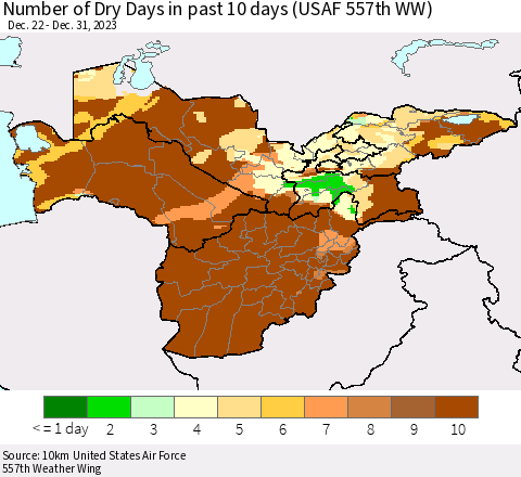Central Asia Number of Dry Days in past 10 days (USAF 557th WW) Thematic Map For 12/26/2023 - 12/31/2023