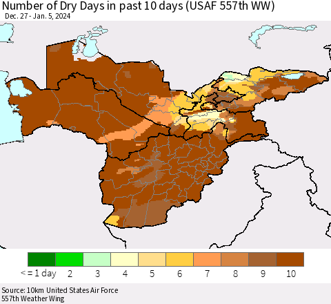 Central Asia Number of Dry Days in past 10 days (USAF 557th WW) Thematic Map For 1/1/2024 - 1/5/2024