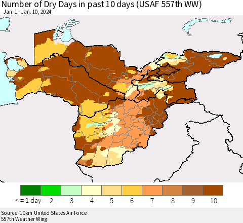 Central Asia Number of Dry Days in past 10 days (USAF 557th WW) Thematic Map For 1/6/2024 - 1/10/2024