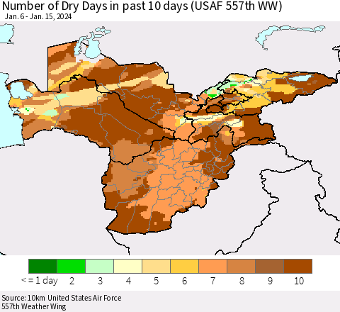 Central Asia Number of Dry Days in past 10 days (USAF 557th WW) Thematic Map For 1/11/2024 - 1/15/2024