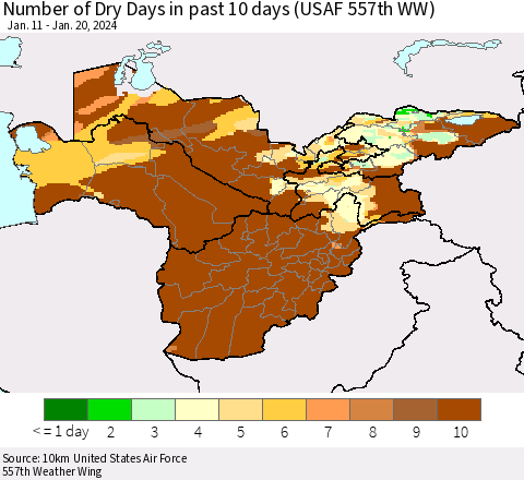 Central Asia Number of Dry Days in past 10 days (USAF 557th WW) Thematic Map For 1/16/2024 - 1/20/2024
