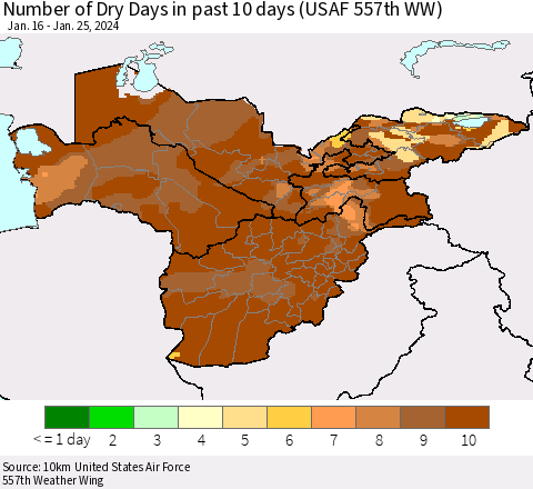 Central Asia Number of Dry Days in past 10 days (USAF 557th WW) Thematic Map For 1/21/2024 - 1/25/2024
