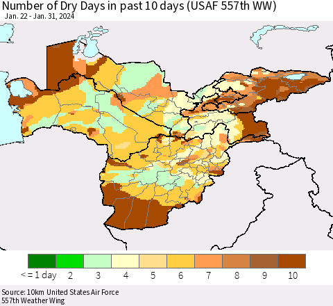 Central Asia Number of Dry Days in past 10 days (USAF 557th WW) Thematic Map For 1/26/2024 - 1/31/2024