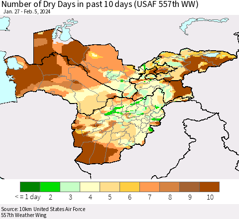 Central Asia Number of Dry Days in past 10 days (USAF 557th WW) Thematic Map For 2/1/2024 - 2/5/2024