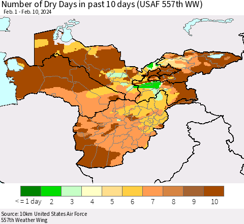 Central Asia Number of Dry Days in past 10 days (USAF 557th WW) Thematic Map For 2/6/2024 - 2/10/2024