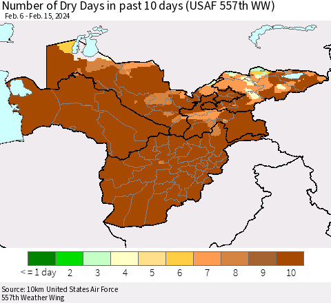 Central Asia Number of Dry Days in past 10 days (USAF 557th WW) Thematic Map For 2/11/2024 - 2/15/2024
