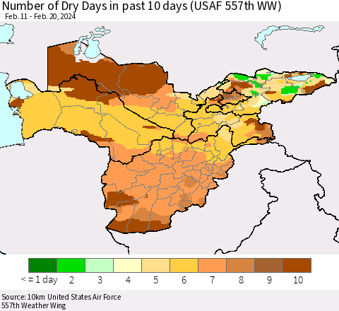 Central Asia Number of Dry Days in past 10 days (USAF 557th WW) Thematic Map For 2/16/2024 - 2/20/2024