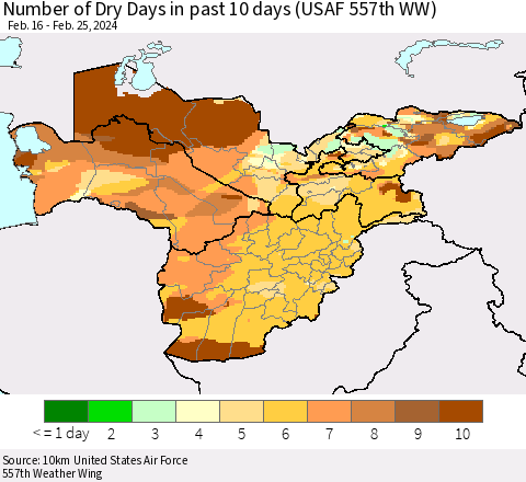 Central Asia Number of Dry Days in past 10 days (USAF 557th WW) Thematic Map For 2/21/2024 - 2/25/2024