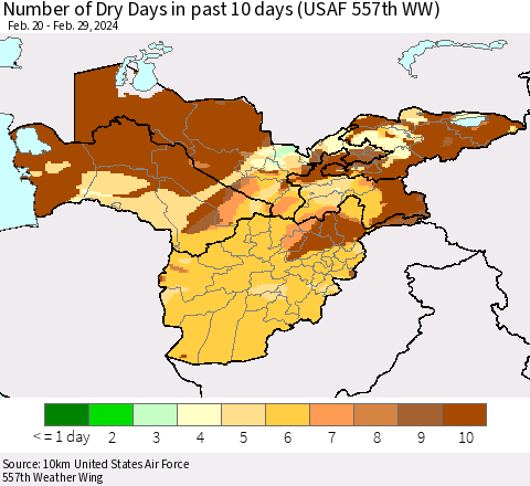 Central Asia Number of Dry Days in past 10 days (USAF 557th WW) Thematic Map For 2/26/2024 - 2/29/2024