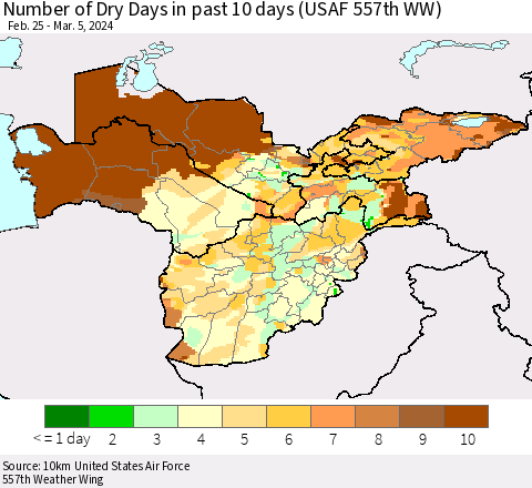 Central Asia Number of Dry Days in past 10 days (USAF 557th WW) Thematic Map For 3/1/2024 - 3/5/2024