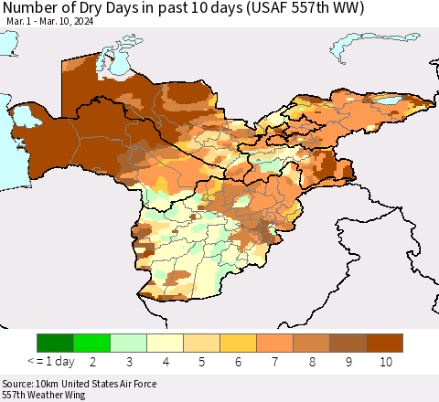 Central Asia Number of Dry Days in past 10 days (USAF 557th WW) Thematic Map For 3/6/2024 - 3/10/2024