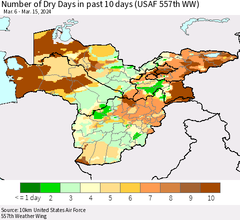 Central Asia Number of Dry Days in past 10 days (USAF 557th WW) Thematic Map For 3/11/2024 - 3/15/2024