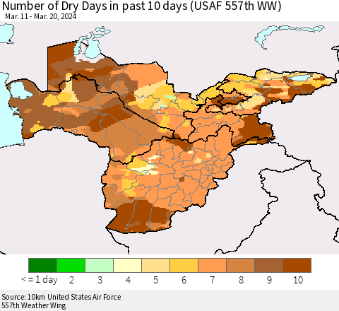 Central Asia Number of Dry Days in past 10 days (USAF 557th WW) Thematic Map For 3/16/2024 - 3/20/2024