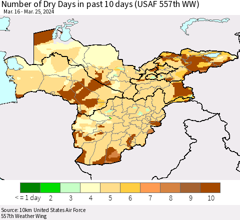 Central Asia Number of Dry Days in past 10 days (USAF 557th WW) Thematic Map For 3/21/2024 - 3/25/2024