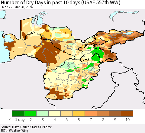 Central Asia Number of Dry Days in past 10 days (USAF 557th WW) Thematic Map For 3/26/2024 - 3/31/2024