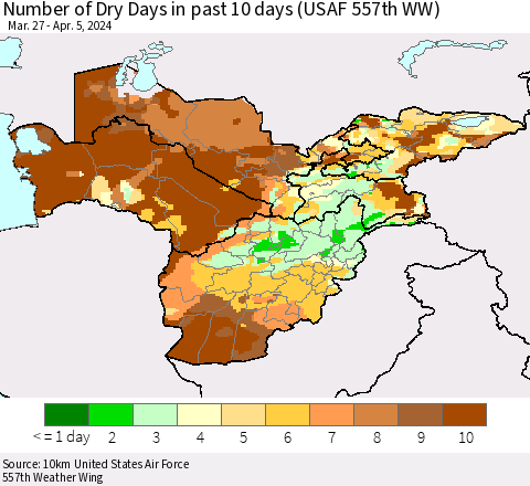 Central Asia Number of Dry Days in past 10 days (USAF 557th WW) Thematic Map For 4/1/2024 - 4/5/2024