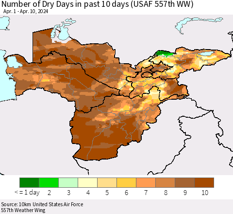 Central Asia Number of Dry Days in past 10 days (USAF 557th WW) Thematic Map For 4/6/2024 - 4/10/2024