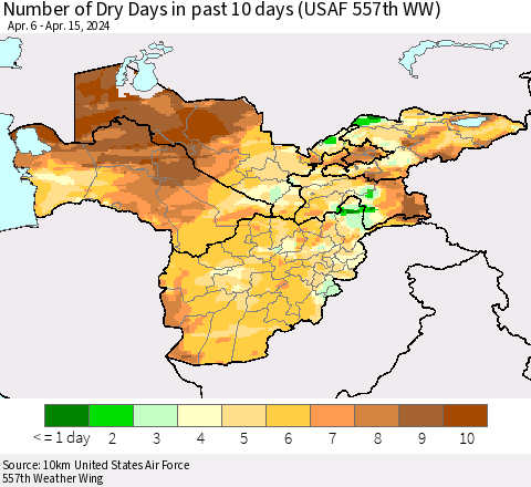 Central Asia Number of Dry Days in past 10 days (USAF 557th WW) Thematic Map For 4/11/2024 - 4/15/2024