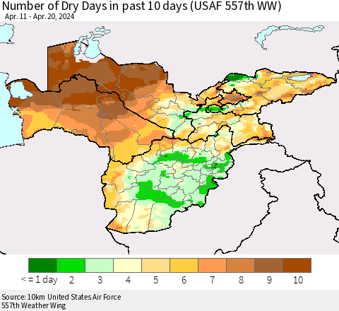 Central Asia Number of Dry Days in past 10 days (USAF 557th WW) Thematic Map For 4/16/2024 - 4/20/2024