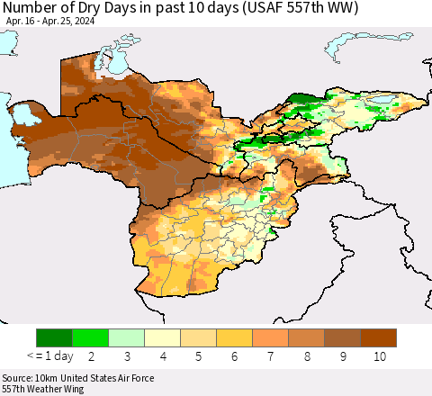 Central Asia Number of Dry Days in past 10 days (USAF 557th WW) Thematic Map For 4/21/2024 - 4/25/2024