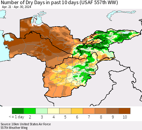 Central Asia Number of Dry Days in past 10 days (USAF 557th WW) Thematic Map For 4/26/2024 - 4/30/2024