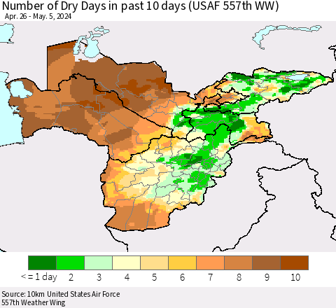 Central Asia Number of Dry Days in past 10 days (USAF 557th WW) Thematic Map For 5/1/2024 - 5/5/2024