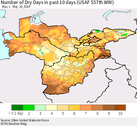 Central Asia Number of Dry Days in past 10 days (USAF 557th WW) Thematic Map For 5/6/2024 - 5/10/2024