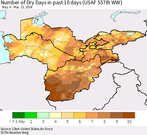 Central Asia Number of Dry Days in past 10 days (USAF 557th WW) Thematic Map For 5/11/2024 - 5/15/2024