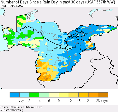 Central Asia Number of Days Since a Rain Day in past 30 days (USAF 557th WW) Thematic Map For 4/1/2021 - 4/5/2021