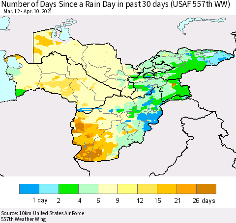 Central Asia Number of Days Since a Rain Day in past 30 days (USAF 557th WW) Thematic Map For 4/6/2021 - 4/10/2021
