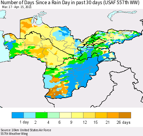 Central Asia Number of Days Since a Rain Day in past 30 days (USAF 557th WW) Thematic Map For 4/11/2021 - 4/15/2021