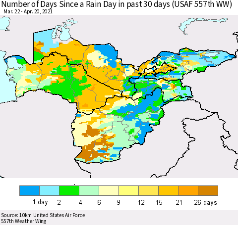Central Asia Number of Days Since a Rain Day in past 30 days (USAF 557th WW) Thematic Map For 4/16/2021 - 4/20/2021