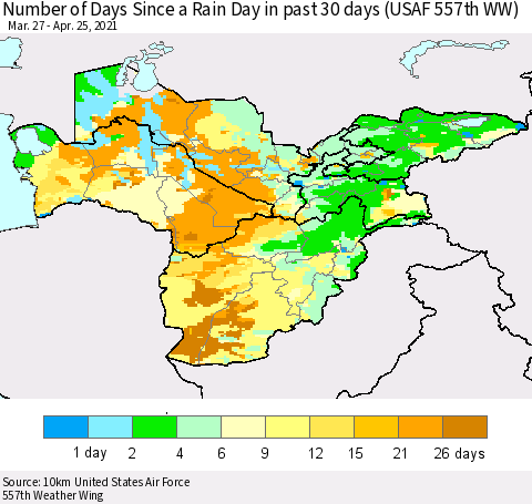 Central Asia Number of Days Since a Rain Day in past 30 days (USAF 557th WW) Thematic Map For 4/21/2021 - 4/25/2021
