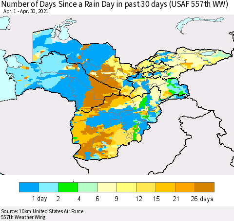 Central Asia Number of Days Since a Rain Day in past 30 days (USAF 557th WW) Thematic Map For 4/26/2021 - 4/30/2021
