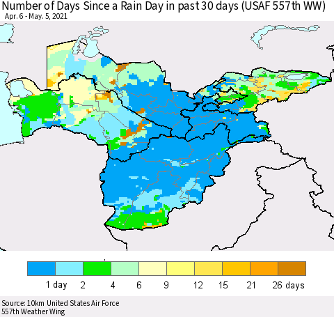 Central Asia Number of Days Since a Rain Day in past 30 days (USAF 557th WW) Thematic Map For 5/1/2021 - 5/5/2021