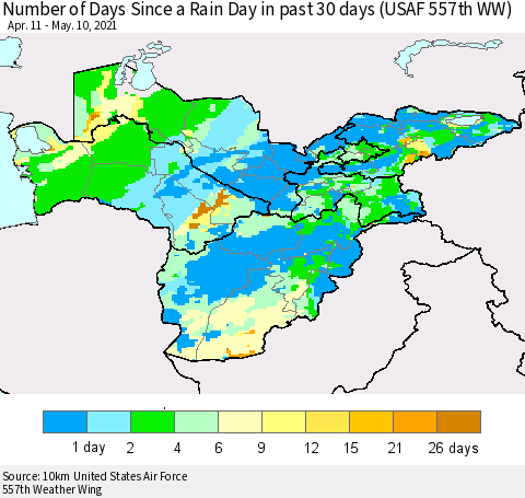 Central Asia Number of Days Since a Rain Day in past 30 days (USAF 557th WW) Thematic Map For 5/6/2021 - 5/10/2021