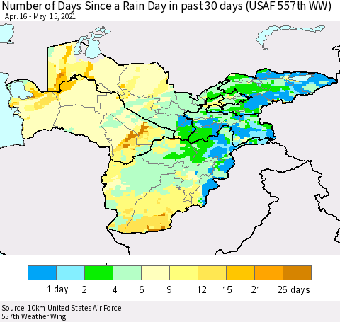 Central Asia Number of Days Since a Rain Day in past 30 days (USAF 557th WW) Thematic Map For 5/11/2021 - 5/15/2021